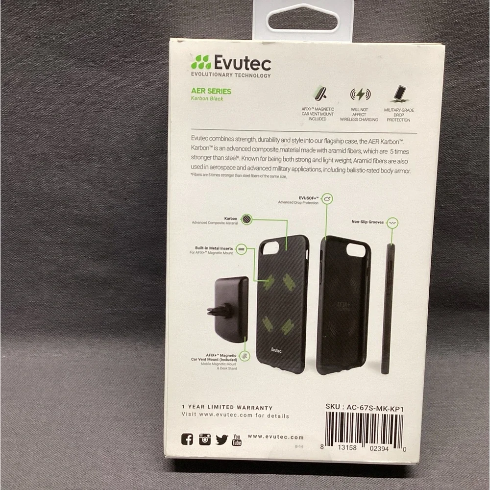 EVUTEC AER SERIES IPHONE 8 PLUS CASE WITH CAR VENT MOUNT COLOR: KARBON BLACK NWT